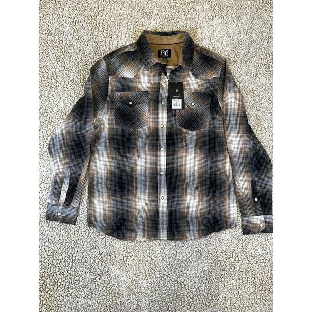 Frye Mens Medium Western Snap Shirt Camel Gray Plaid Workwear Long Sleeve NWT